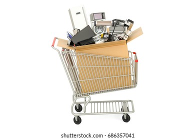 Shopping Cart With Household And Kitchen Appliances, 3D Rendering