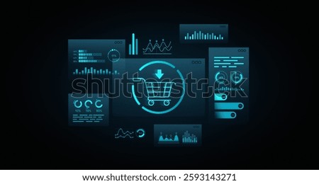Shopping cart icon with data visualizations in neon blue graphic style onbackground. Concept of online shopping analytics. 3D Rendering