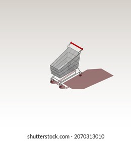 Shopping Cart Isometrics. Empty Supermarket Purchasing Trolley Isolated On White With Shadow. Supermarket Trolley Isometry