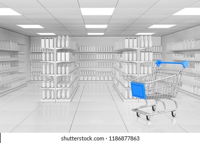 Shopping Cart near Market Shelving Rack with Blank Products or Goods in Clay Style as Supermarket Interior extreme closeup. 3d Rendering. 