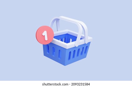 Shopping cart with one notification of added item. Cartoon icon isolated on background. Add to cart. Empty shopping basket. 3D Rendering. Blue