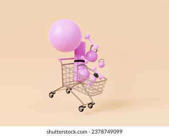 shopping cart with pink dumbbells and yoga equipment falling into it on a beige studio background. 3d rendering - Powered by Shutterstock