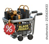 Shopping Cart with Sale Tag 3D Black Friday Sale Icon for uiux, web, app, infographic, etc