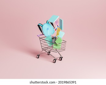 shopping cart with school supplies falling inside it with pastel red minimalistic background. concept of education, back to school and school shopping. 3d rendering - Powered by Shutterstock