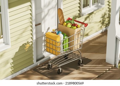 Shopping Cart Top View With Products In Paper Bag, House Doorstep. Concept Of Home Delivery And Online Order. 3D Rendering