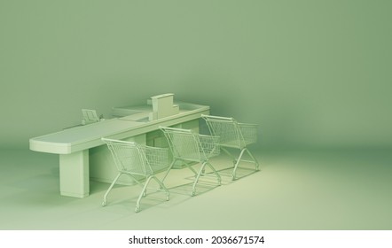 Shopping cart trolley stand in line at grocery or supermarket turn with goods in shopping trolley put buys on Cashier Desk for paying. Empty cashier table. Purchases, sale consumerism. 3d render