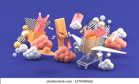 Shopping carts have wings flying among dresses, pants, shirts, hats and high heels in the purple sky.-3d rendering. - Powered by Shutterstock