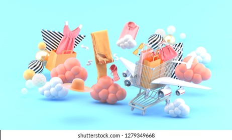 Shopping carts have wings flying among dresses, pants, shirts, hats and high heels in the blue sky.-3d rendering. - Powered by Shutterstock