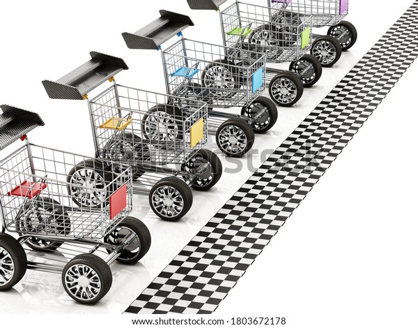Shopping carts with sports tyres and a\
spoiler waiting at the start line. 3D\
illustration.
