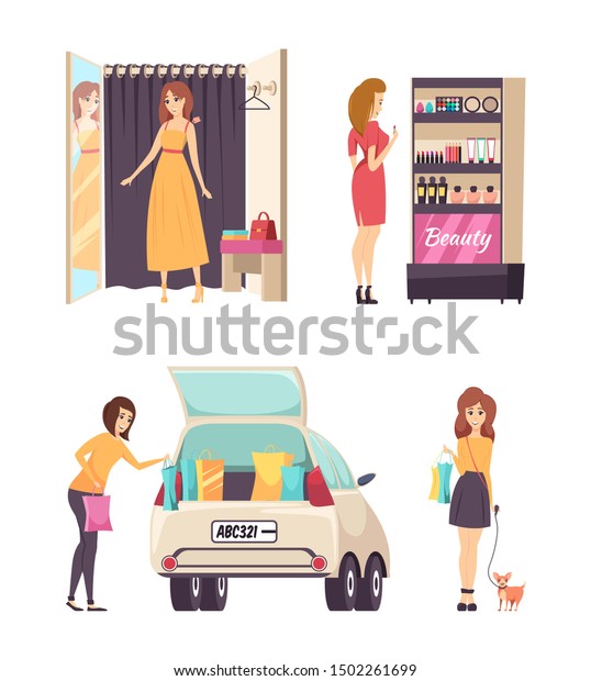 Shopping choosing dress clothes and\
cosmetics isolated raster. Lady in changing room, female puts bags\
with bought items in car. Girl walking with\
dog
