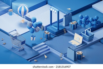 Shopping day activity with cube platform background, 3d rendering. Computer digital drawing.
