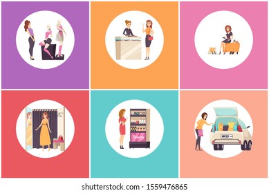 Shopping Females In Clothes Store Posters Raster. Mannequins Showcases, Jewelry Department, Changing Room And Cosmetics Stand With Makeup Products