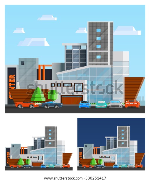 Shopping mall building\
orthogonal compositions set with parking and cars flat isolated \
illustration 