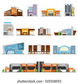 Shopping Mall Building Orthogonal Icons Set With Cafe And Clothes Symbols Flat Isolated  Illustration 