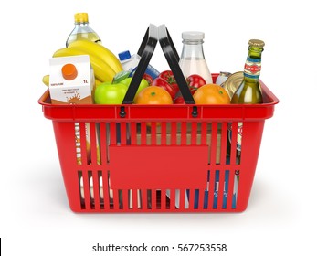 Shopping Market Basket With Variety Of Grocery Products Isolated On White Background. 3d Illustration