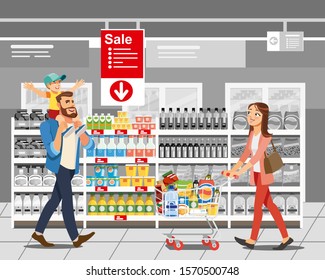 Shopping on Supermarket Sale Cartoon Illustration with People Walking near Shelves with Food and Buying Groceries. Planning Family Ration, Food Savings, Clever Shopping to Save Money Concept - Powered by Shutterstock