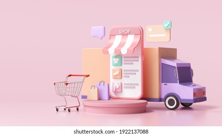 Shopping online application on smartphone, online mobile shopping and delivery for web page template. 3d render illustration - Powered by Shutterstock