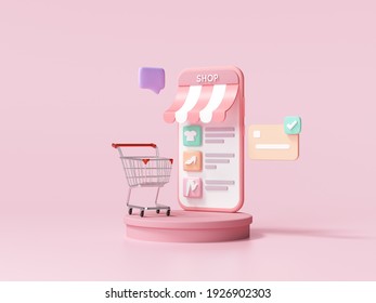 Shopping online application on smartphone, online mobile shopping and delivery for web page template. 3d render illustration