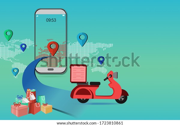 Shopping online on the smartphone for\
delivery idea creative with social networks on the world map. \
concept of associate delivery with map on social\
media