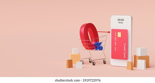 Shopping online on smartphone with special offer 0% interest installment payments, 3d illustration