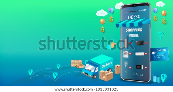 Shopping Online on
Website or Mobile Application illustration Concept Marketing and
Digital marketing, Online Application Delivery service concept. 3d
illustration.