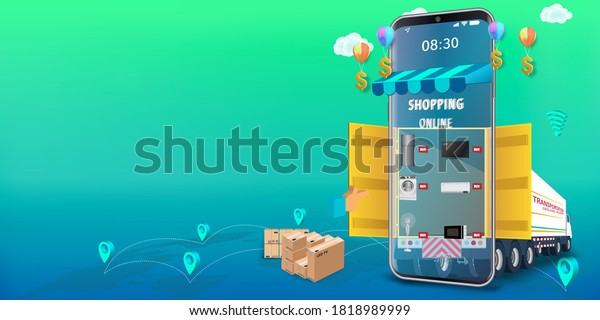 Shopping Online on\
Website or Mobile Application illustration Concept Marketing and\
Digital marketing, Online Application Delivery service concept. 3d\
illustration.