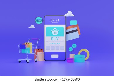 Shopping On-line. Online Store On Website Or Mobile Application. 3d Rendering Background. Digital Marketing Shop Concept.