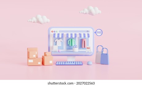 Shopping On-line. Online Store On The Website Application. Background. Digital Marketing Shop Concept. 3D Illustration