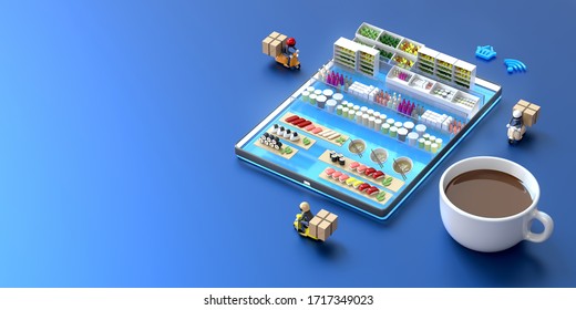 shopping online at supermarket in laptop advertising application at home. delivery man ride motorbike from convenient store. order sushi,  food from network internet lifestyle. 3D illustrator. 
 - Powered by Shutterstock