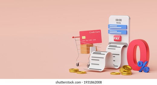 Shopping online using credit card with 0% interest installment payments on smartphone ,3d illustration