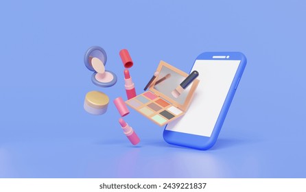 Shopping online via smartphone maketing promotion discount sale Cosmetics Skincare perfect look Product makeup beauty, mascara, lipstick, brush, powder, cream, banner. 3d rendering - Powered by Shutterstock