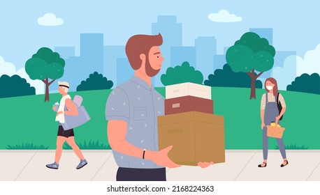 Shopping people illustration. Cartoon pedestrian shopper characters walking down city street, man customer holding cardboard box, lady with grocery basket from food market or shop background
