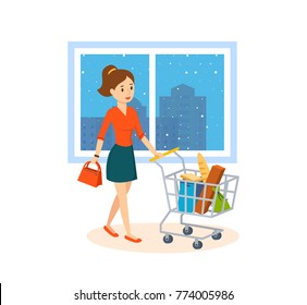 Shopping people. Young woman makes a major purchase in the mall. In each hand she holds a lot of bags with the goods. Illustration isolated on white background. - Powered by Shutterstock