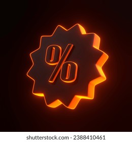 Shopping price tag, discount coupon and percent symbol with bright glowing futuristic orange neon lights on black background. 3D icon, sign and symbol. Cartoon minimal style. 3D render illustration - Powered by Shutterstock