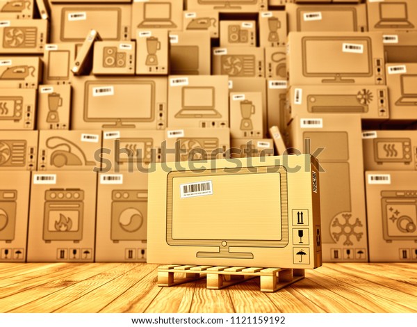 買い物 購入 および配信のコンセプト 倉庫内の家電製品と電子機器を含む段ボール箱の背景にテレビアイコンと箱 3dイラスト のイラスト素材