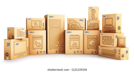 Einkaufs-, Einkaufs- und Lieferkonzept, Kartons mit Haushaltsgeräten und Küchenelektronik einzeln auf weißem Hintergrund, 3D-Illustration