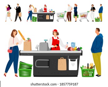 Shopping Queue. People In Grocery Shop, Group Of Shoppers In Market Queue, Pay Money, Use Marketing Service, Call By Mobile Illustration