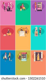 Shopping Woman Changing Room Lady Set Of Posters With Text Sample Raster. Stand With Cosmetics, Food Store And Jewelry Department. Clothes And Shoes