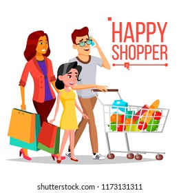 Shopping Woman. Happy Family Couple. Grocery Cart. Joyful Female. Holding Paper Bags. Groceries In Shop, Supermarket. Shopping Day. Pleasure Of Purchase. Business Isolated Illustration - Powered by Shutterstock