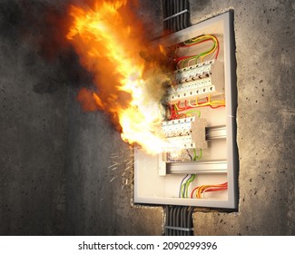 Short Circuit. Voltage Switchboard With Circuit Breakers Caught Fire. 3d Illustration