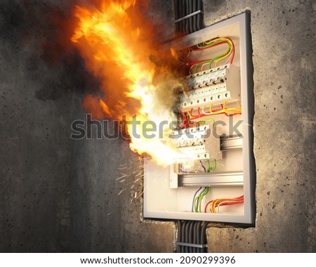 Short circuit. Voltage switchboard with circuit breakers caught fire. 3d illustration