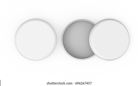 Short Metal Tin Mockup, Blank Round Tin Cans Template With Glossy Surface In 3d Rendering For Design Uses, One Open And One Closed