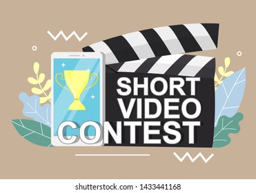 Short video contest announcement on clapperboard, smartphone with award cup on screen, flat illustration. Mobile short film competition concept for web banner, website page etc. - Powered by Shutterstock