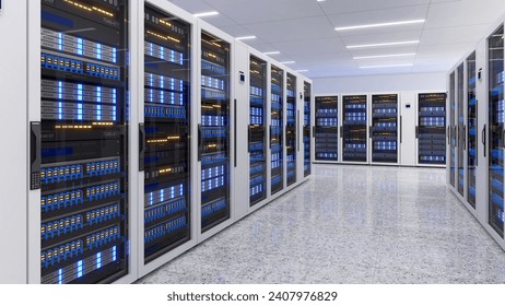 Shot of Data Center With Multiple Rows of Fully Operational Server Racks. Modern Telecommunications,Data center cooling,server room,3d rendering