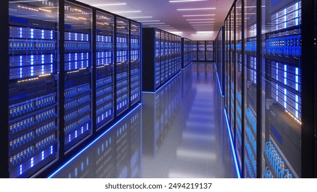 Shot of Data Center With Multiple Rows of Fully Operational Server Racks. Modern Telecommunications, Artificial Intelligence,server room,3d rendering
