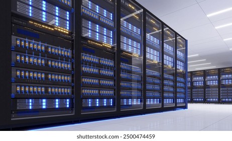 Shot of Data Center With Multiple Rows of Fully Operational Server Racks. Modern Telecommunications,Data center cooling,server room,3d rendering