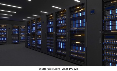 Shot of Data Center With Multiple Rows of Fully Operational Server Racks. Modern Telecommunications,Data center cooling,server room,3d rendering