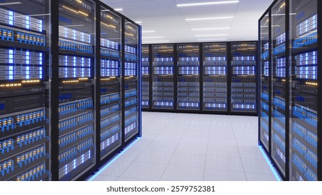 Shot of Data Center With Multiple Rows of Fully Operational Server Racks. Modern Telecommunications,Data center cooling,server room,3d rendering