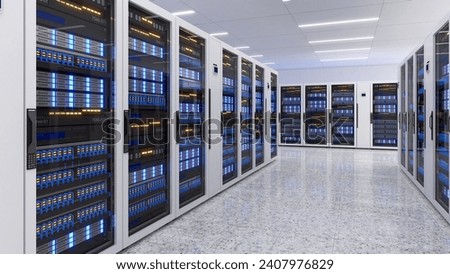 Shot of Data Center With Multiple Rows of Fully Operational Server Racks. Modern Telecommunications,Data center cooling,server room,3d rendering