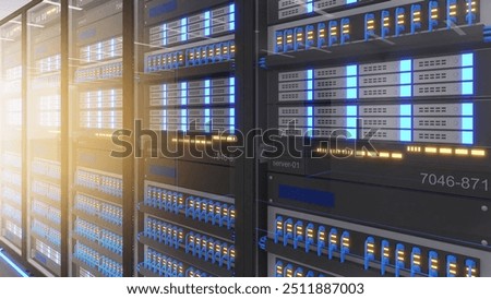 Shot of Data Center With Multiple Rows of Fully Operational Server Racks. Modern Telecommunications,Data center cooling,server room,3d rendering